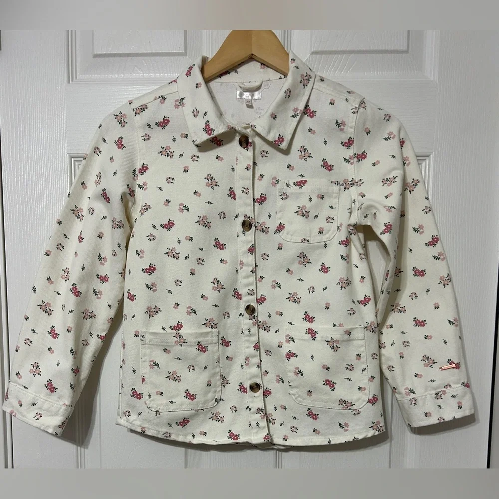 TAHARI Girl’s Cream/Pink Floral Jacket Cotton Denim Size 7/8